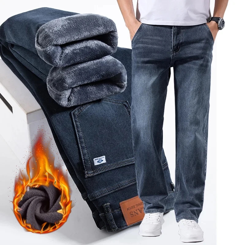 Embroidery On Jeans - Hiver polaire hommes jean épais Stretch