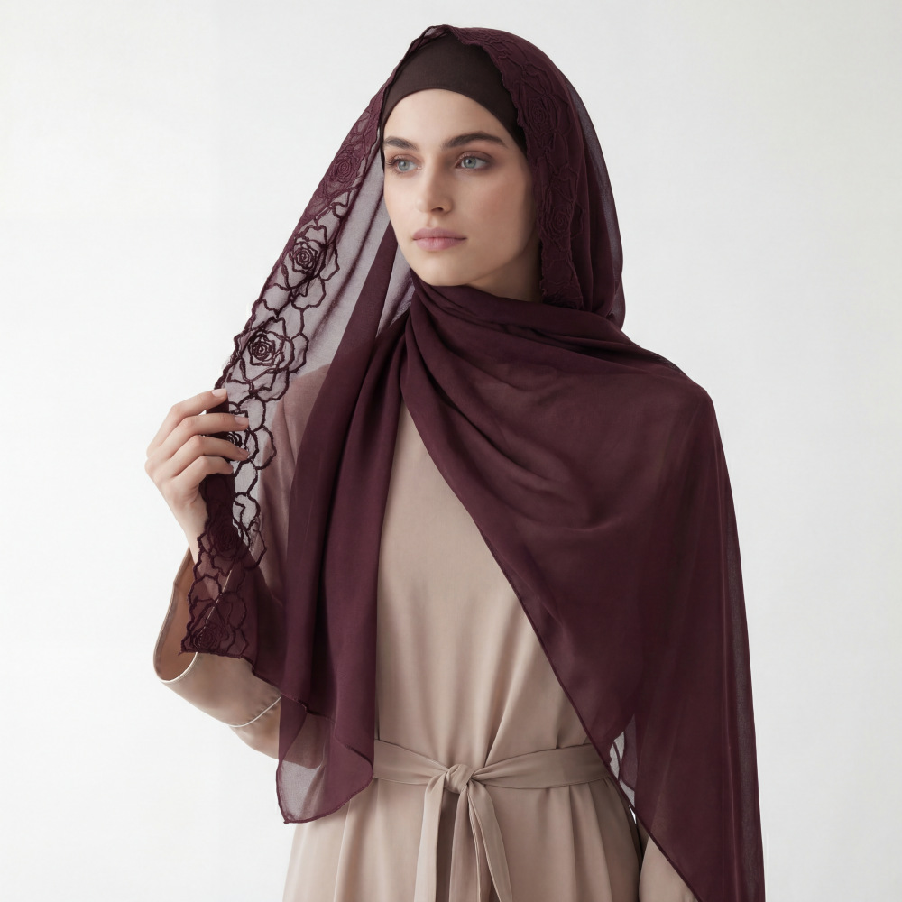 Embroidery Hijab - Châles Hijab en Chiffon Violet pour