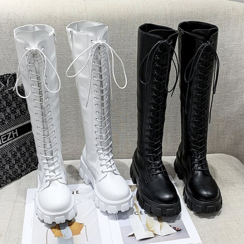Embroidery White - Bottes hautes pour femmes à lacets,