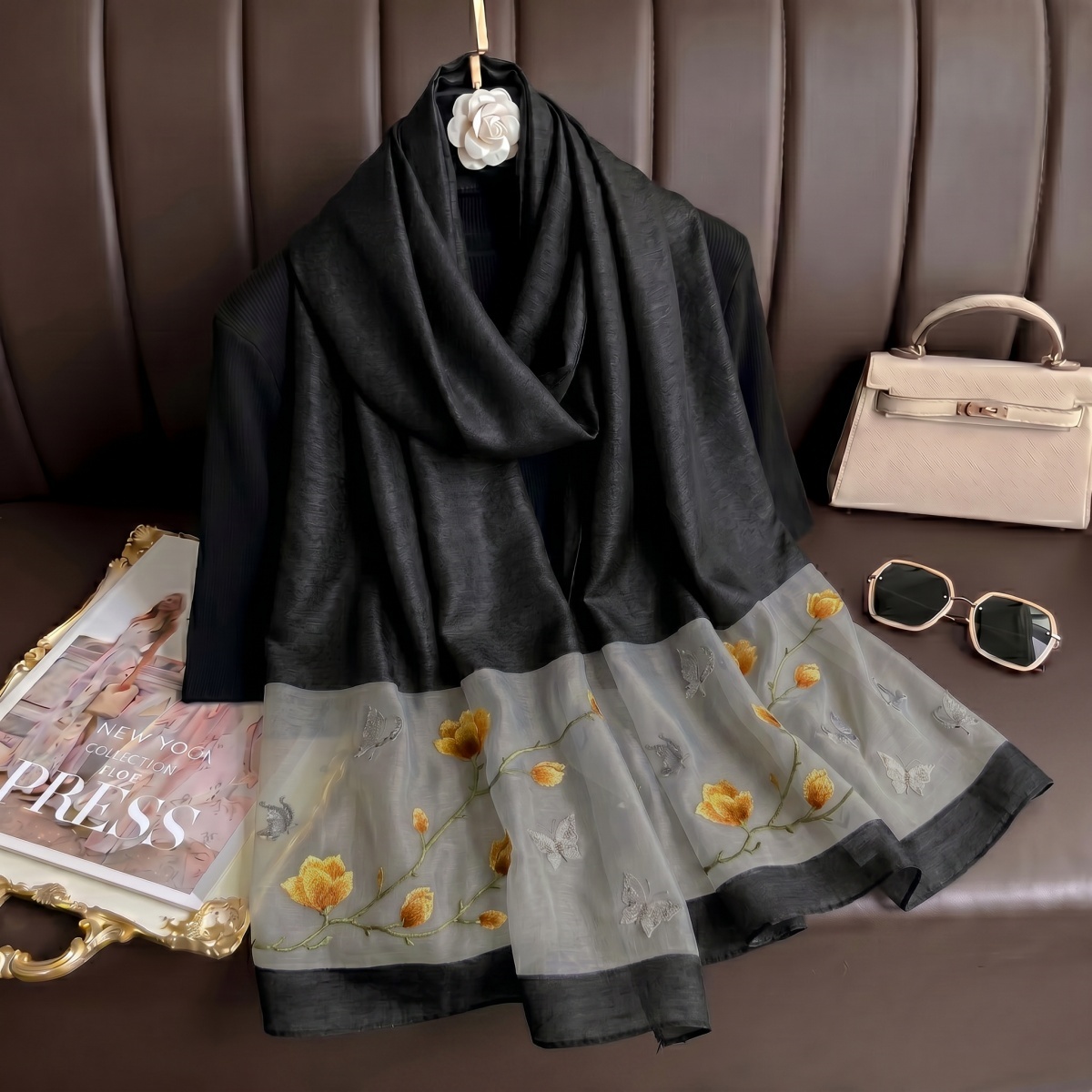 Embroidery Hijab - Foulard imprimé Hijab Bandana en soie